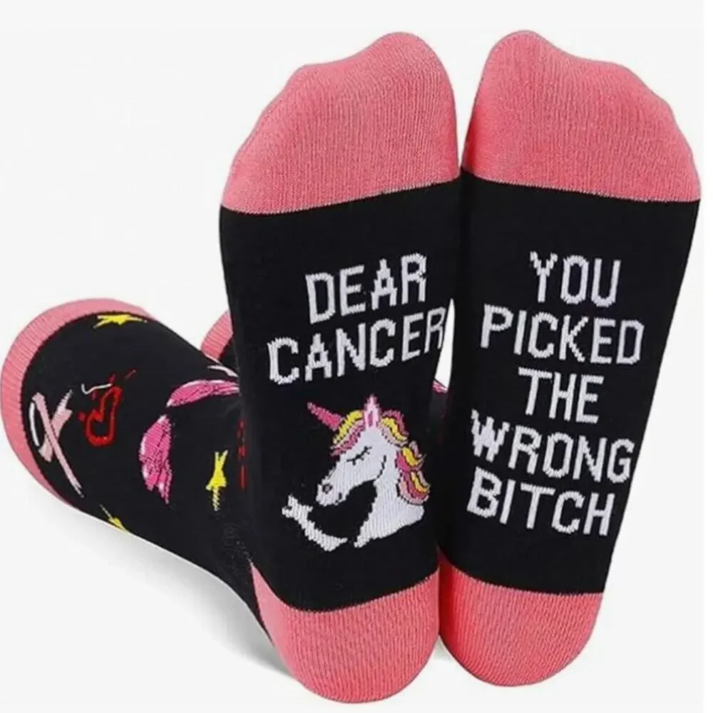 Pink Black Unicorn Breast Cancer Awareness Womens Funny Inspirational Socks NWT